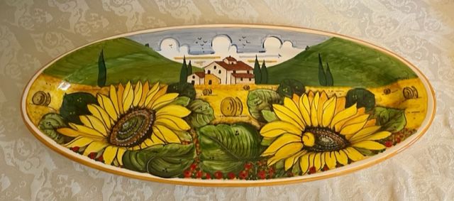 Oval tray 50x20 Tuscan landscape and sunflowers with orange edge