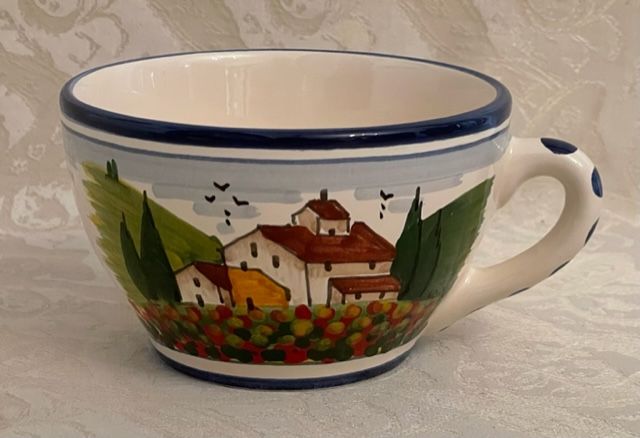 Breakfast cup D11.5 h7 Tuscan landscape poppies blue edge